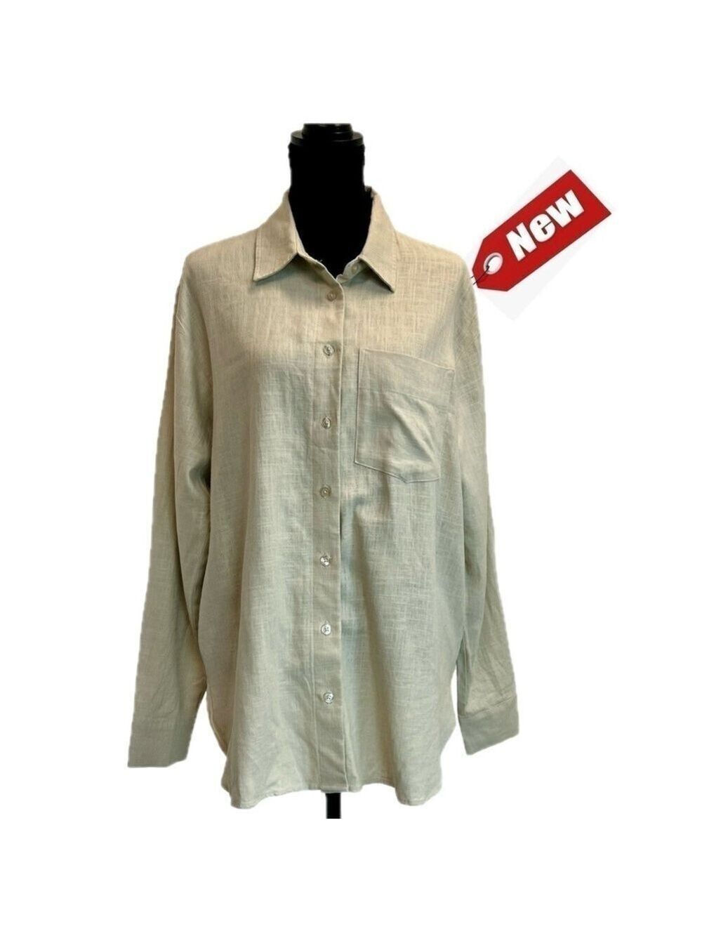 RW&CO women's oversized beige tan brown linen button down shirt Sz S NWT